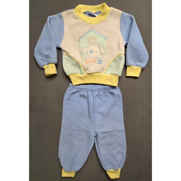 Vintage Small Steps 12 M Boys Sweat Suit Sweater Joggers Puppy Pal Blue Yellow - Picture 1 of 4